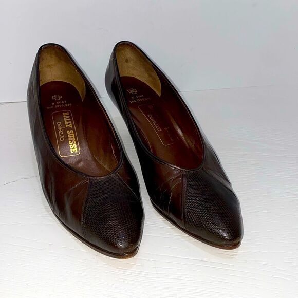 Bally Suisse Bellezza Brown Luxury Leather Snake Print Design Point Toe Pumps - Picture 3 of 17